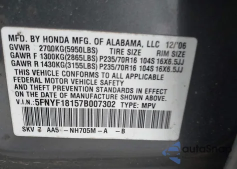 2007 Honda Pilot Lx z USA, uszkodzony, nr VIN 5FNYF18157B007302